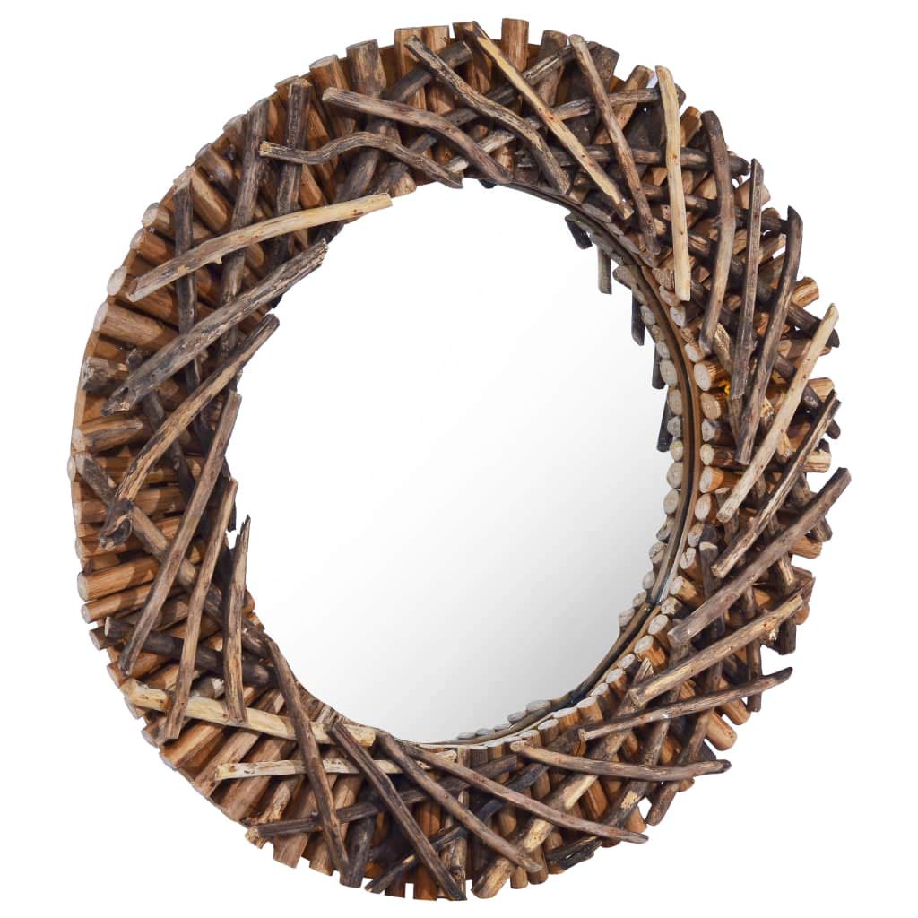 Vidaxl Solid Teak Wood Wall Mirror Round Decorative Hanging Bathroom Make Up Dressing Vanity Decoration Indoor Bedroom Living Room 23.6"